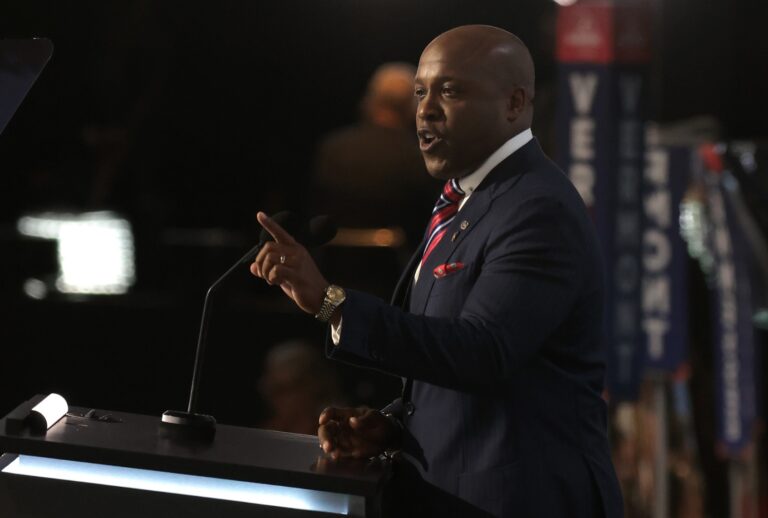 Rep Wesley Hunt (R-TX) speaks on stage on the first day of the Republican National Convention at the Fiserv Forum on July 15, 2024 in Milwaukee, Wisconsin. (Scott Olson/Getty Images)