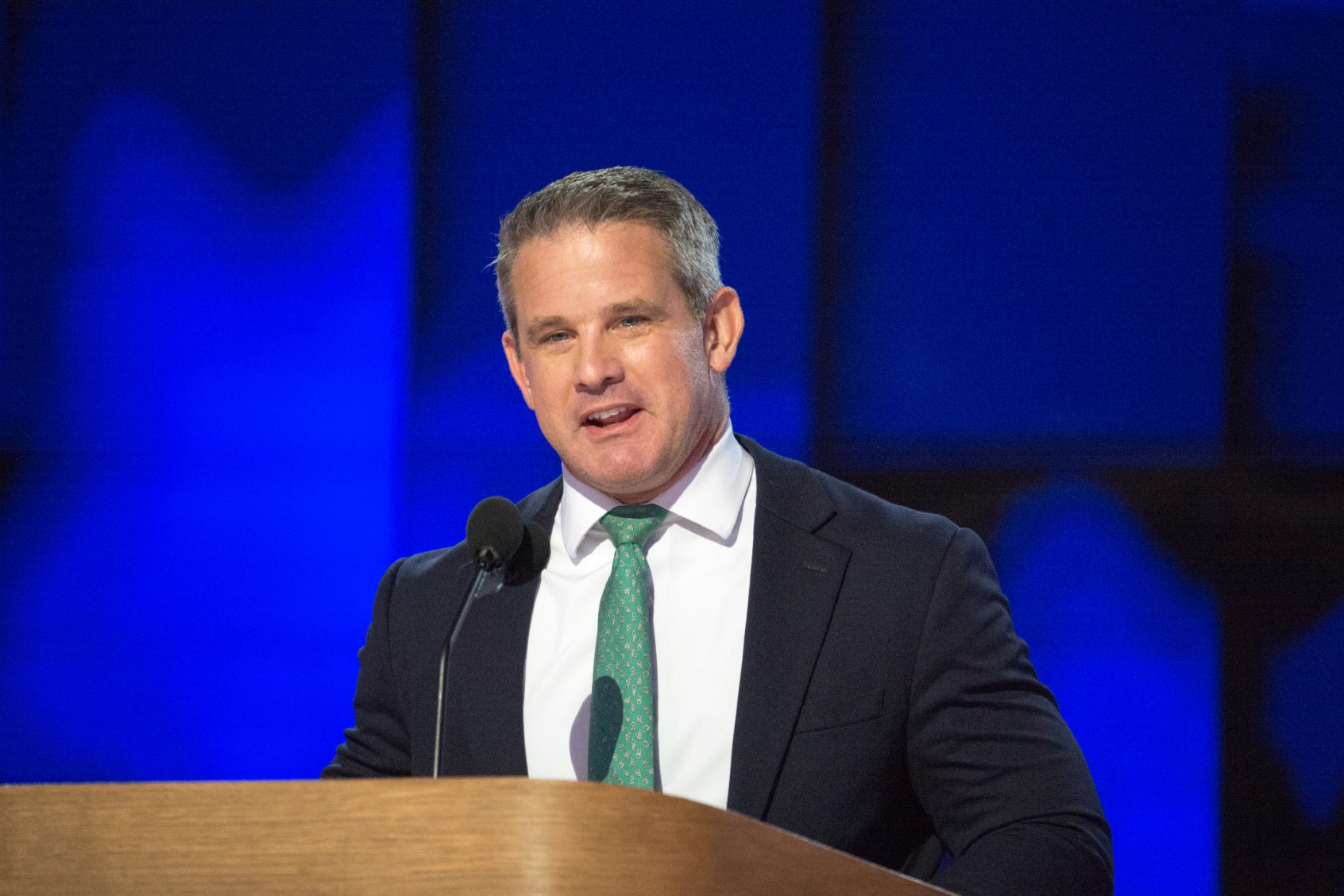 Former Representative Adam Kinzinger, a Republican from Illinois speaks during the Democratic National Convention (DNC) at the United Center in Chicago, Illinois, United States on August 22, 2024. (Jacek Boczarski/Anadolu via Getty Images)