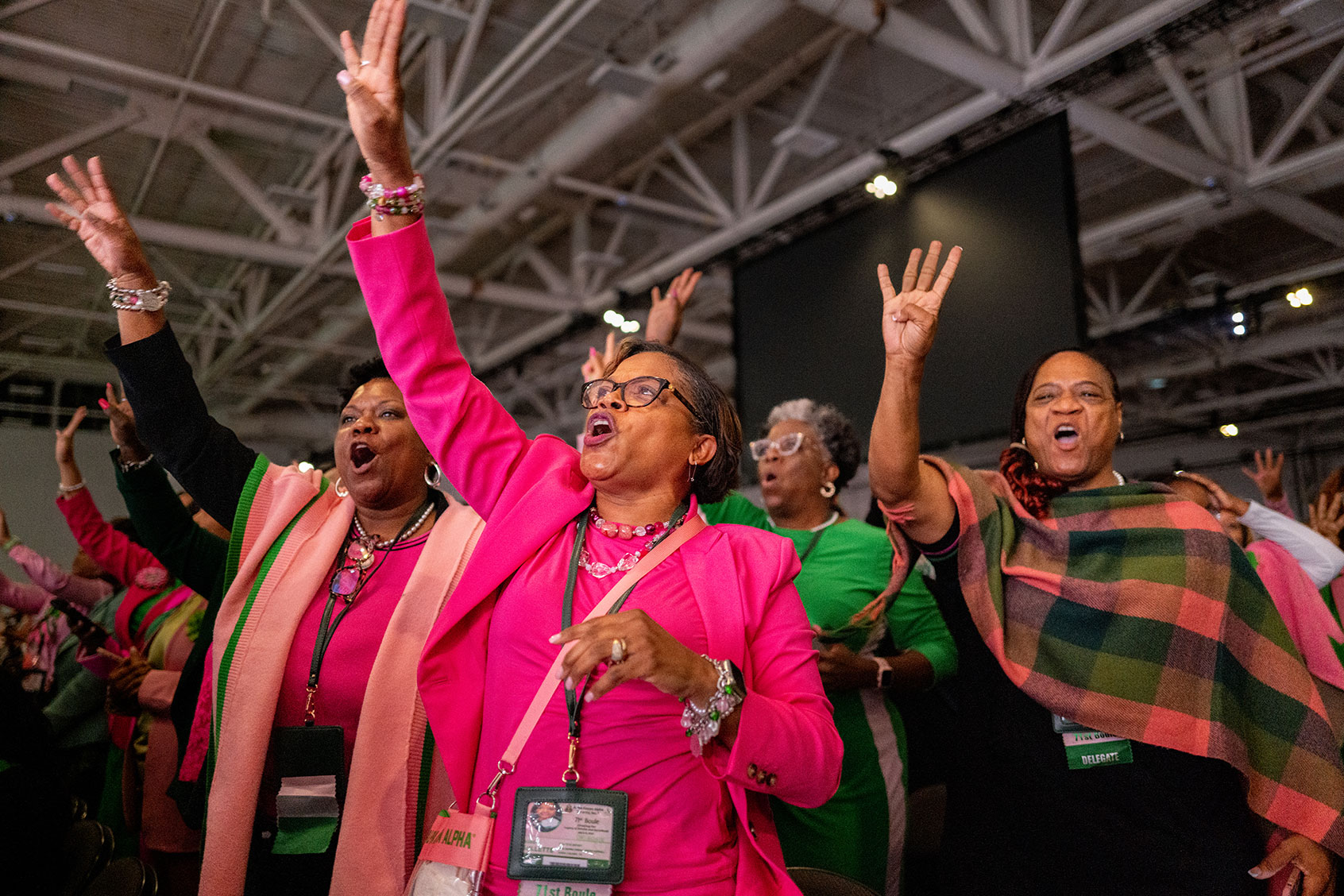 Members of the Alpha Kappa Alpha Sorority chant "four more years"as U.S. Vice President Kamala Harris speaks at the Kay Bailey Hutchison Convention Center on July 10, 2024 in Dallas, Texas. (Brandon Bell/Getty Images)