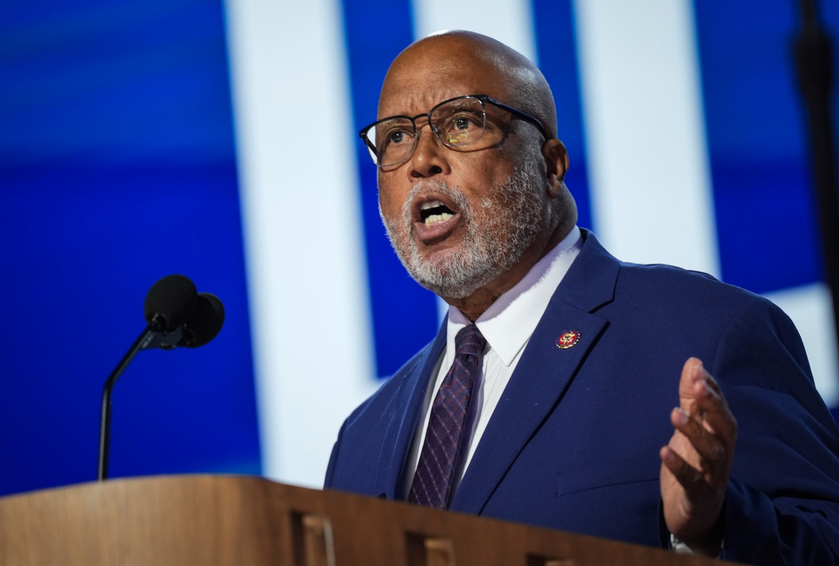 Rep. Bennie Thompson speaks on stage during the third day of the Democratic National Convention at the United Center on August 21, 2024 in Chicago, Illinois. (Andrew Harnik/Getty Images)