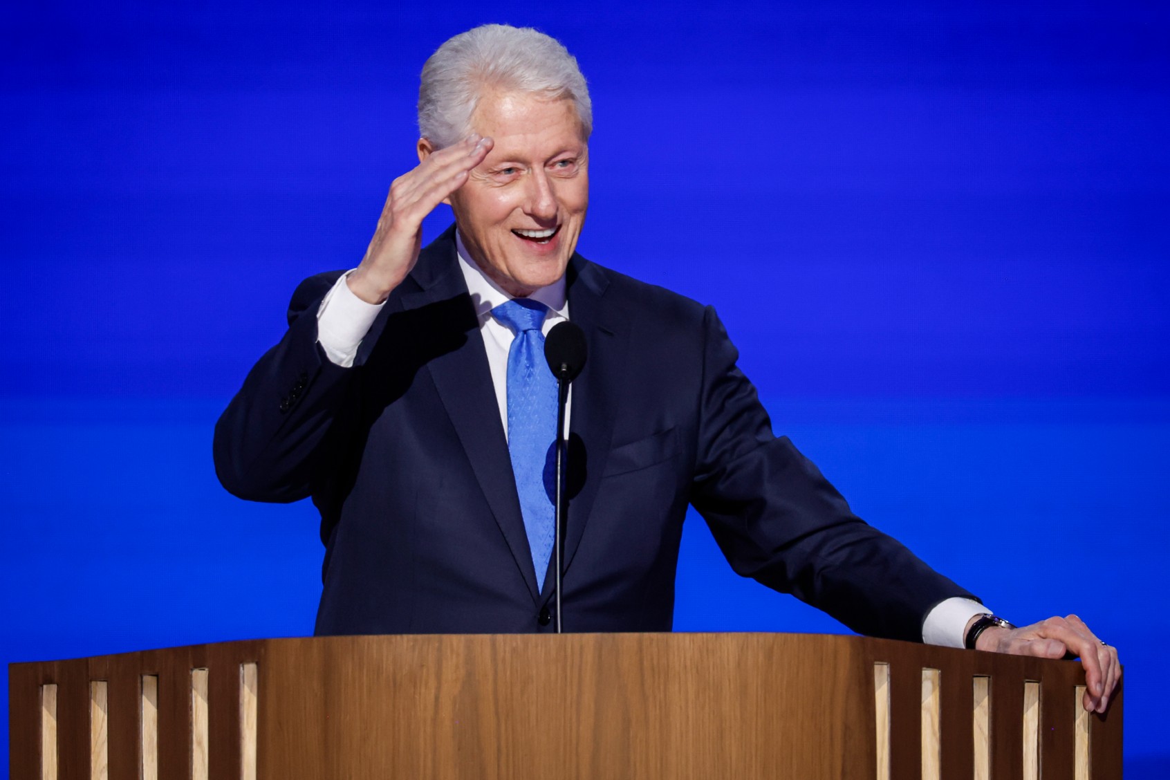 Former U.S. President Bill Clinton speaks on stage during the third day of the Democratic National Convention at the United Center on August 21, 2024 in Chicago, Illinois. (Chip Somodevilla/Getty Images)