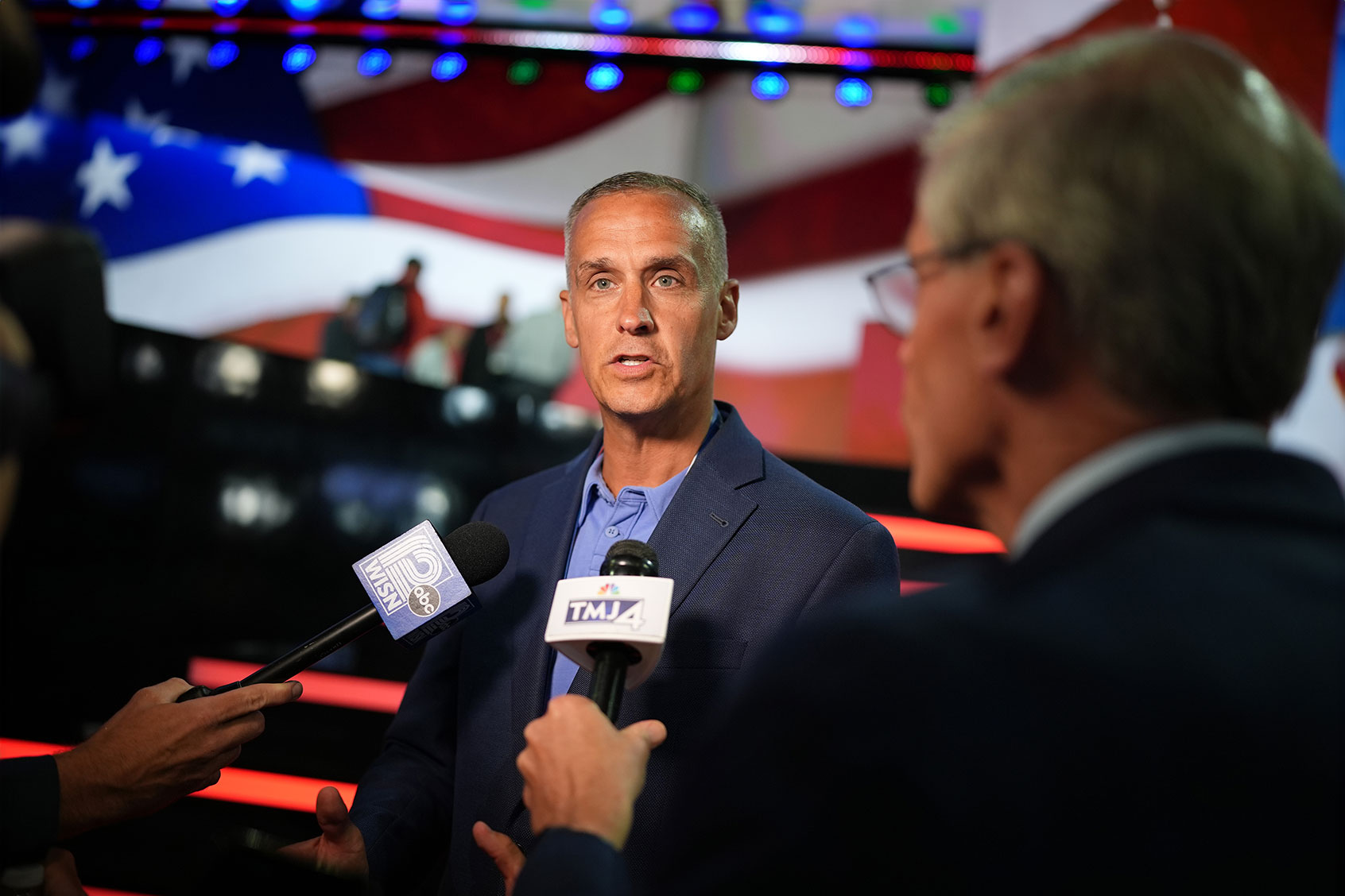 Political consultant Corey Lewandowski is interviewed by media at the Fiserv Forum as preparations are underway for the Republican National Convention (RNC) on July 14, 2024, in Milwaukee, Wisconsin. (Andrew Harnik/Getty Images)