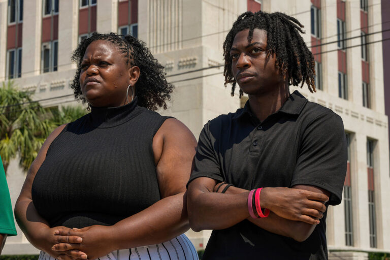Darryl George,18, stands next to his mother, Darresha George in front of Galveston County Court House on Thursday, May 23, 2024, in Galveston, Texas. (Raquel Natalicchio/Houston Chronicle via Getty Images)