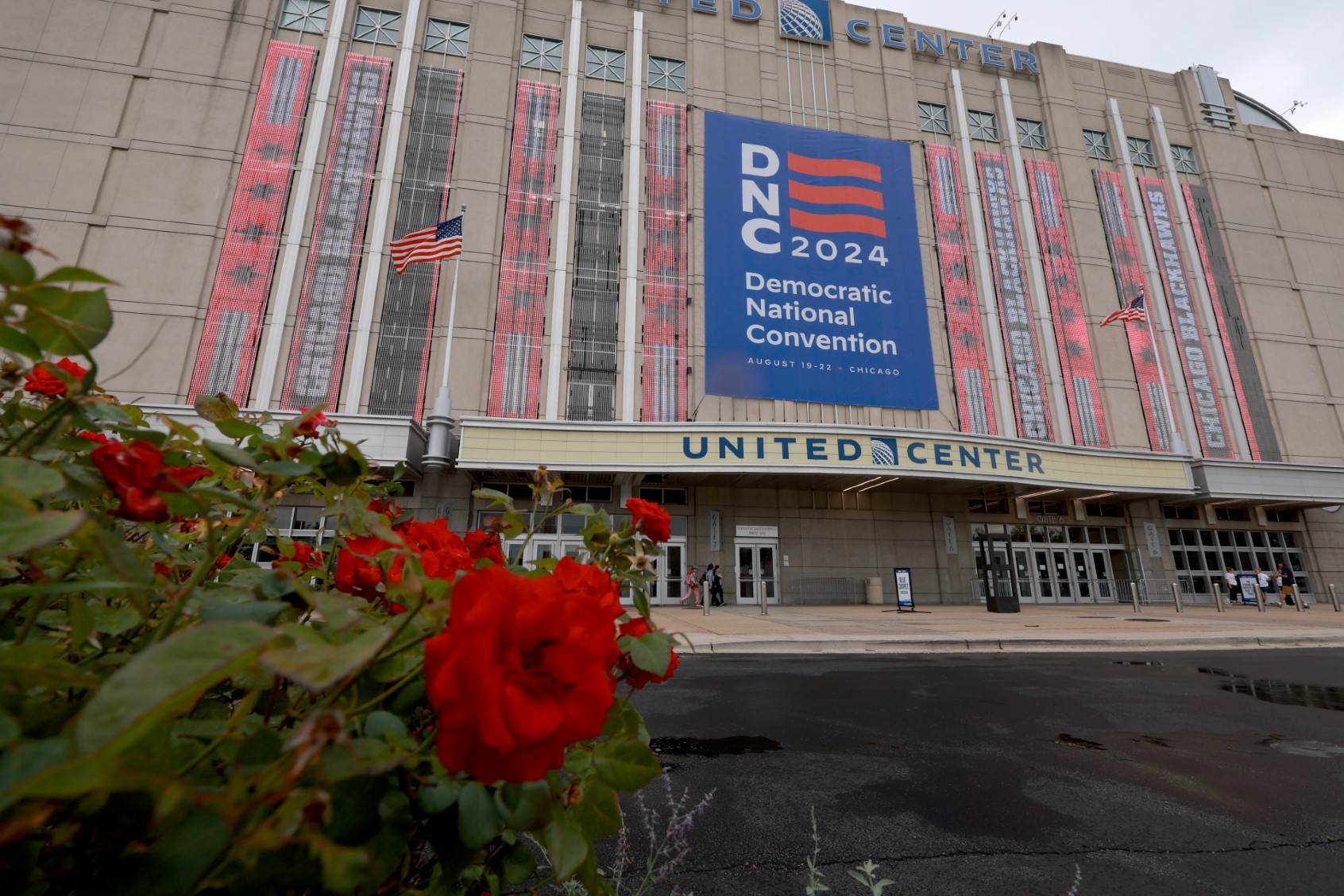 Workers prepare the United Center for the start of the Democratic National Convention (DNC) on August 15, 2024 in Chicago, Illinois. (Joe Raedle/Getty Images)