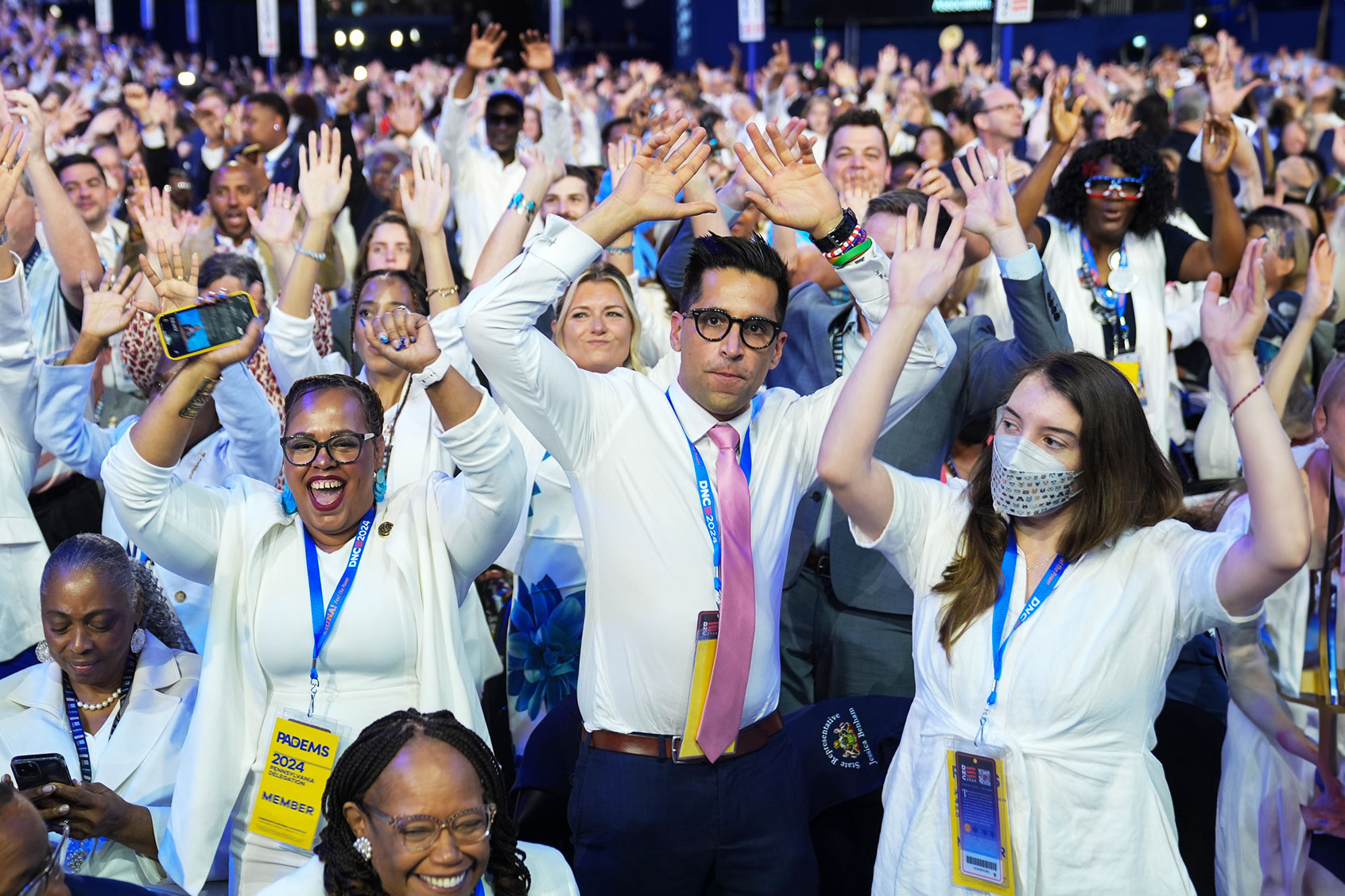 Delegates dance on day 4 of the Democratic National Convention at the United Center on August 22, 2024 in Chicago, Ill. (Demetrius Freeman/The Washington Post via Getty Images)