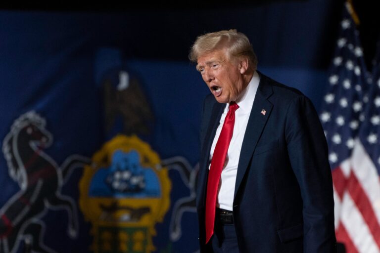 Former U.S. President and 2024 Republican presidential candidate Donald Trump reacts as he arrives at a campaign rally at the New Holland Arena in Harrisburg, Pennsylvania, on July 31, 2024. (JOE LAMBERTI/AFP via Getty Images)