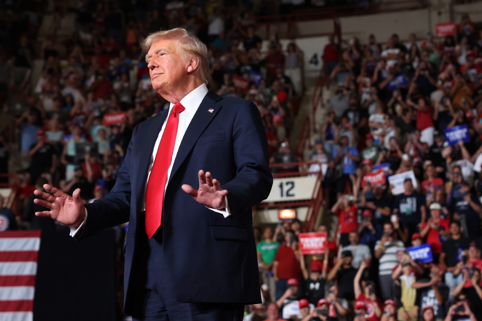 Republican presidential nominee, former U.S. President Donald Trump walks onstage at a rally on July 31, 2024, in Harrisburg, Pennsylvania. (Spencer Platt/Getty Images)