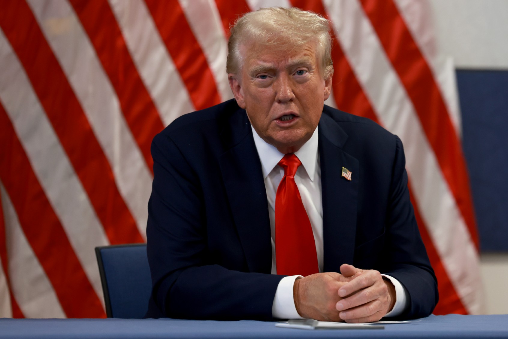Republican presidential nominee, former U.S. President Donald Trump holds a round table discussion with Black business owners before his rally at the Georgia State University Convocation Center on August 03, 2024, in Atlanta, Georgia. (Joe Raedle/Getty Images)