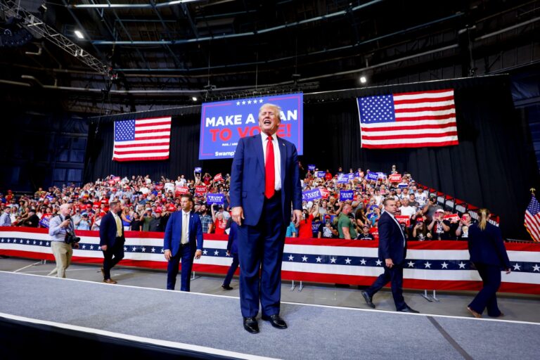 Republican presidential nominee, former U.S. President Donald Trump walks off the stage after speaking at a rally at the Brick Breeden Fieldhouse at Montana State University on August 9, 2024 in Bozeman, Montana. (Michael Ciaglo/Getty Images)