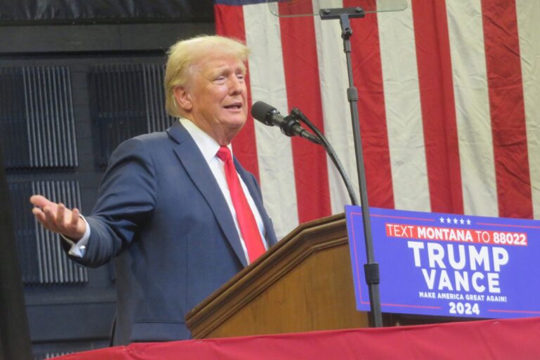 Republican presidential nominee, former U.S. President Donald Trump gives a speech at a rally at the Brick Breeden Fieldhouse at Montana State University in Bozeman, Montana, United States on August 9, 2024. (Brendan Gutenschwager/Anadolu via Getty Images)