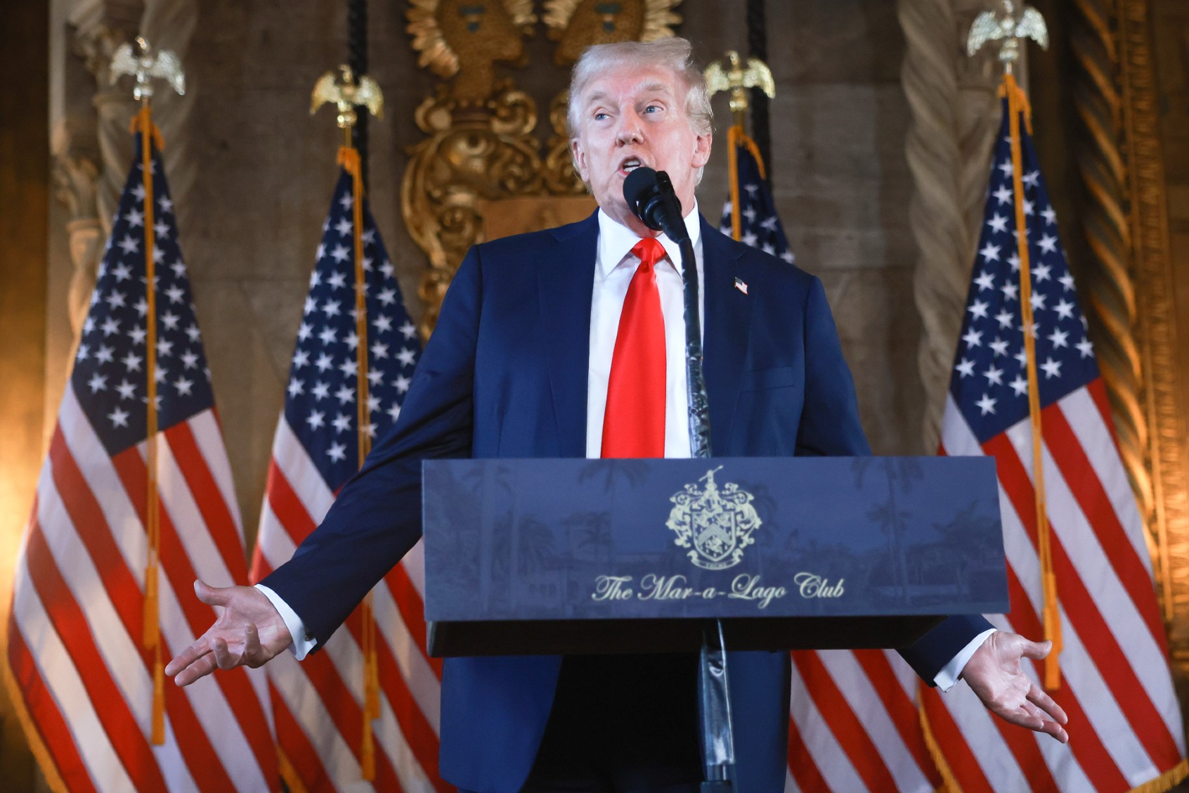 Republican presidential candidate former President Donald Trump speaks during a press conference at his Mar-a-Lago estate on August 08, 2024, in Palm Beach, Florida. (Joe Raedle/Getty Images)