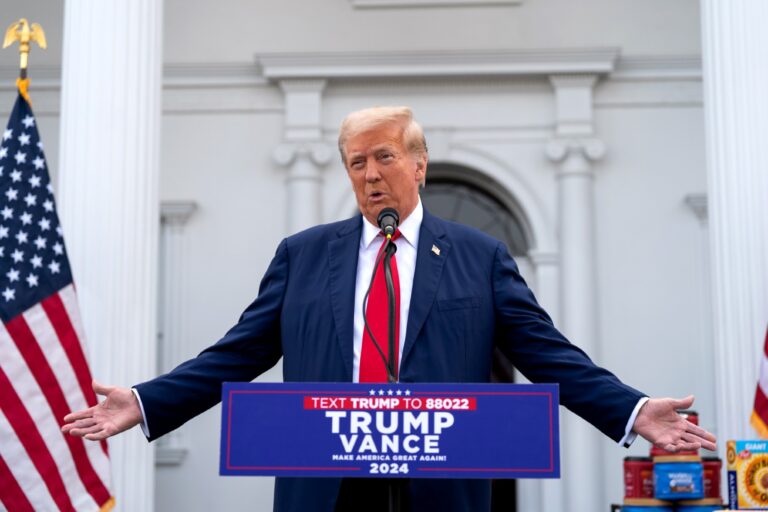 Republican presidential candidate, former U.S. President Donald Trump holds a news conference outside the Trump National Golf Club Bedminster on August 15, 2024 in Bedminster, New Jersey. (Adam Gray/Getty Images)