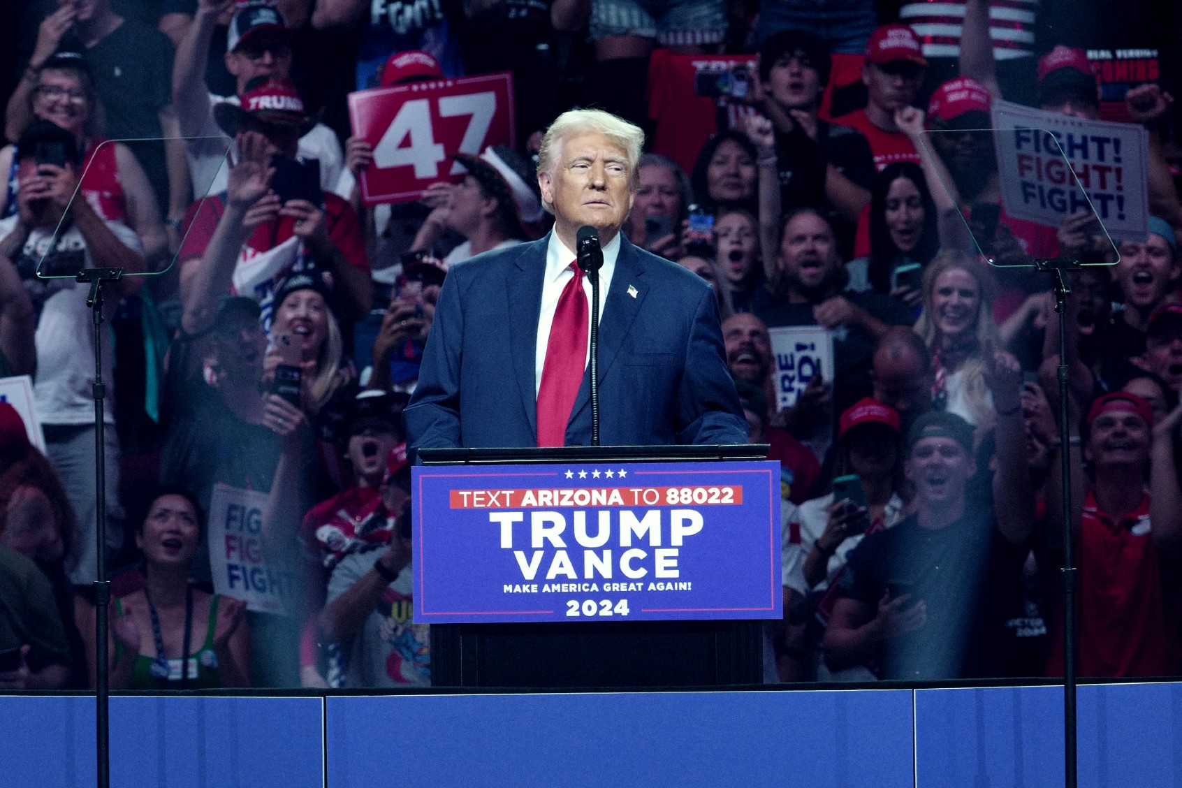 Former U.S. President and Republican presidential candidate Donald Trump speaks during a campaign rally at the Desert Diamond Arena in Glendale, Arizona, August 23, 2024. (OLIVIER TOURON/AFP via Getty Images)