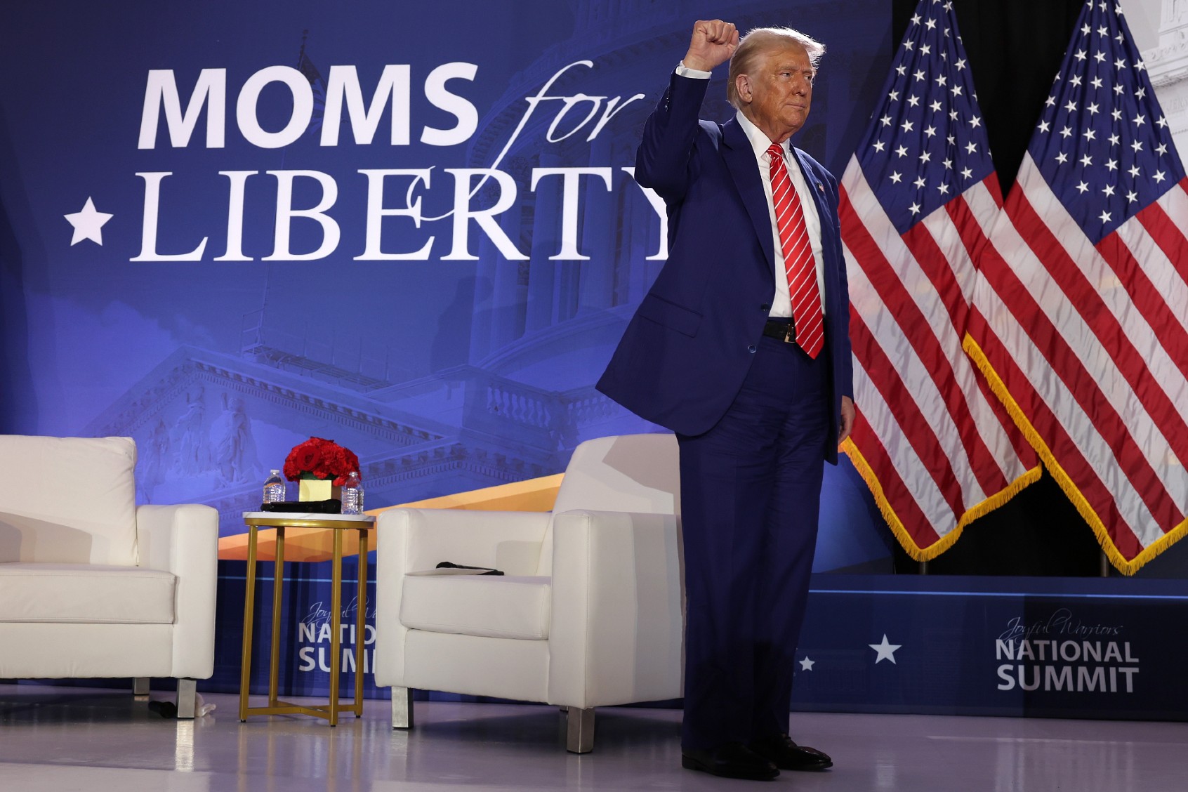 Republican presidential nominee, former U.S. President Donald Trump gestures during the 2024 Joyful Warriors National Summit on August 30, 2024, in Washington, DC. (Alex Wong/Getty Images)