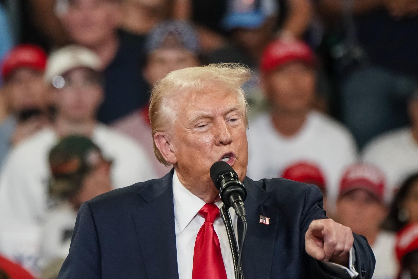 Former President and current Republican presidential nominee Donald Trump speaks during a campaign event on Saturday, August 3, 2024 in Atlanta, GA. (Elijah Nouvelage for The Washington Post via Getty Images)