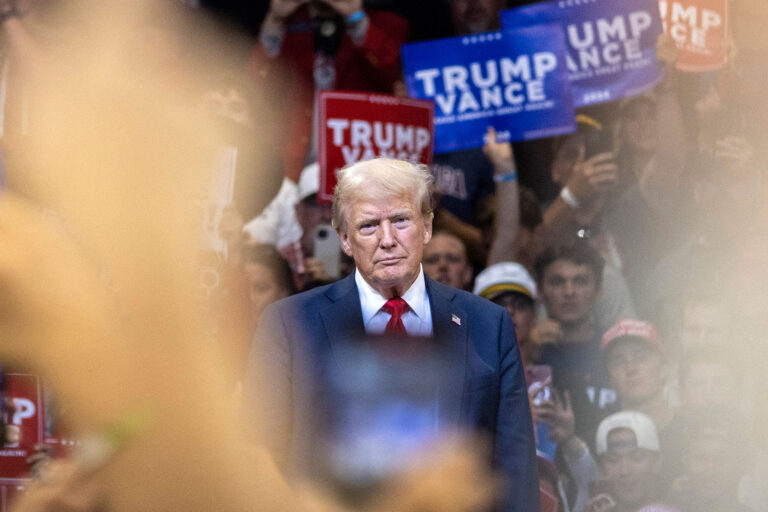 Former US President and Republican presidential candidate Donald Trump looks on during an election campaign rally in Bozeman, Montana, on August 9, 2024. (NATALIE BEHRING/AFP via Getty Images)