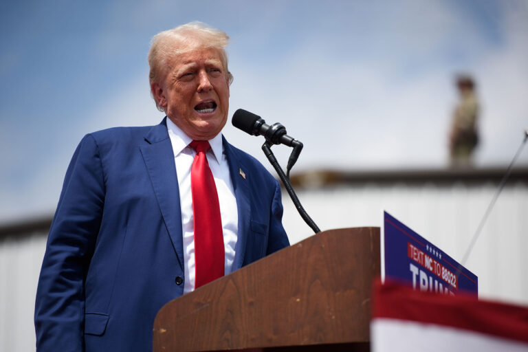 Republican Presidential candidate, former U.S. president, Donald Trump, speaks to supporters during an event on August 21, 2024 in Asheboro, North Carolina at the North Carolina Aviation Museum and Hall of Fame. (Melissa Sue Gerrits/Getty Images)