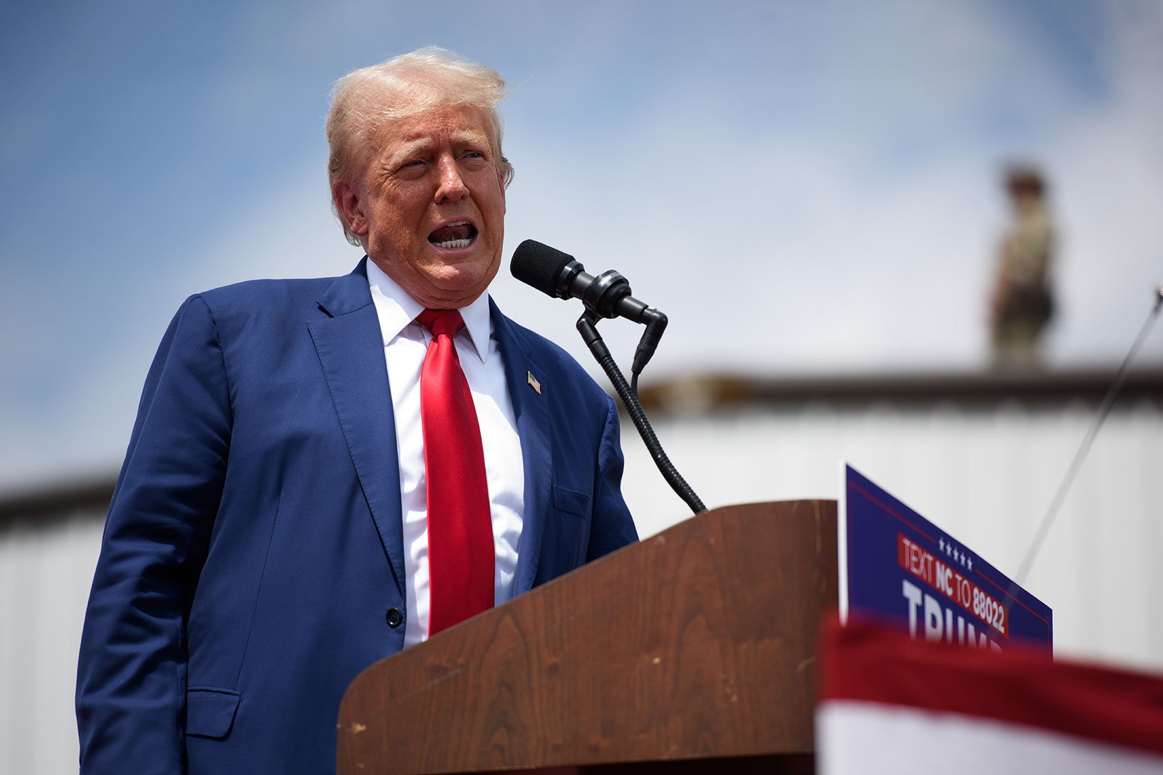 Republican Presidential candidate, former U.S. president, Donald Trump, speaks to supporters during an event on August 21, 2024 in Asheboro, North Carolina at the North Carolina Aviation Museum and Hall of Fame. (Melissa Sue Gerrits/Getty Images)