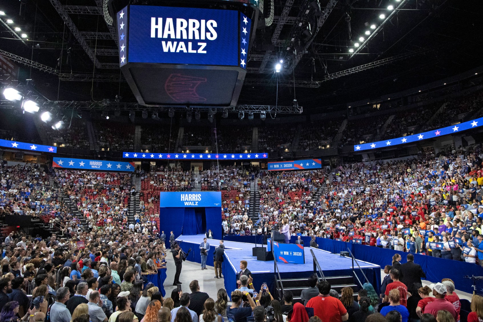 U.S. Vice President and Democratic presidential candidate Kamala Harris speaks during a campaign rally at the Thomas and Mack Center, University of Nevada in Las Vegas, Nevada, on August 10, 2024. (RONDA CHURCHILL/AFP via Getty Images)