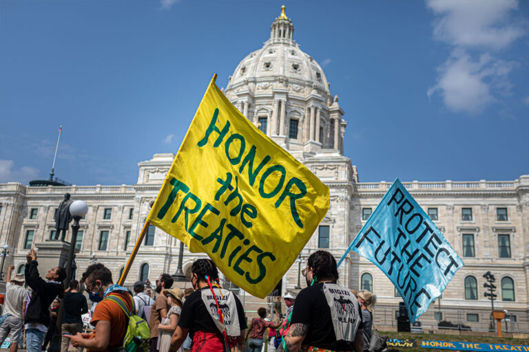 Indigenous leaders and their water-protector allies protest the Canadian oil-and-gas-transport company Enbridge, who are expanding the controversial Line 3 pipeline. (Michael Nigro/Pacific Press/LightRocket via Getty Images)
