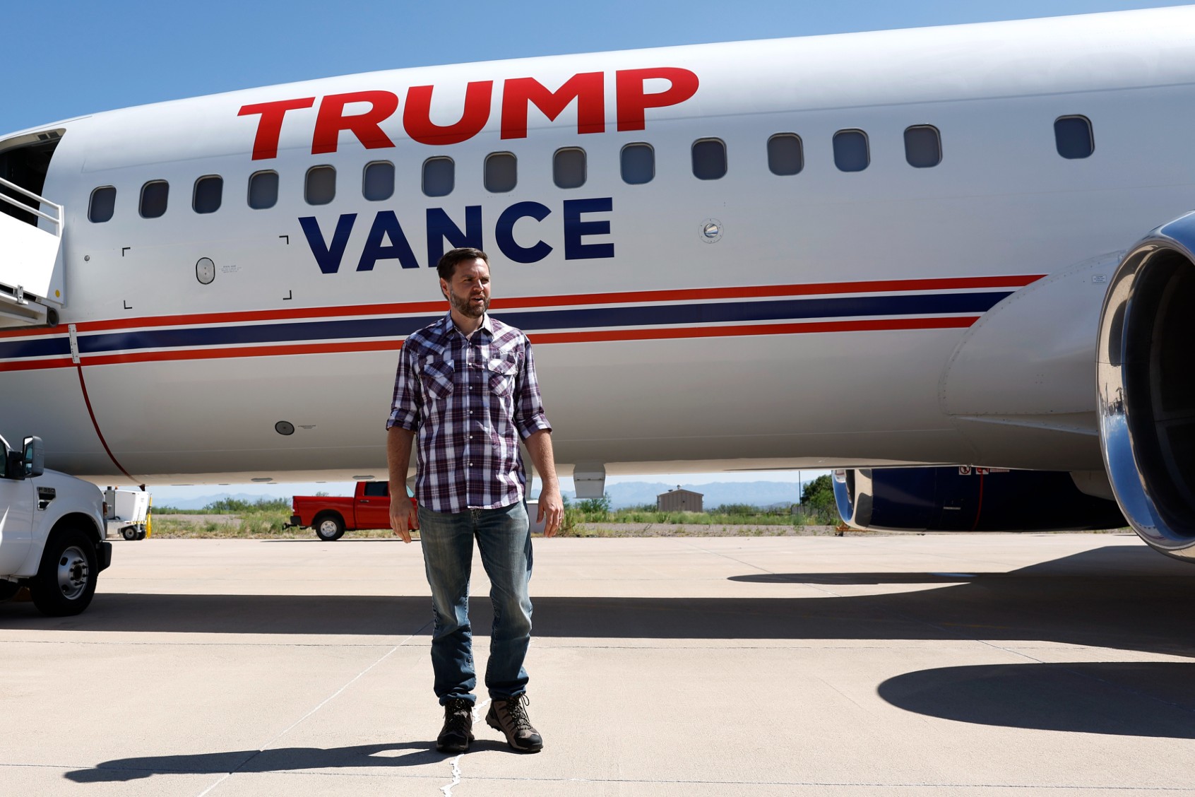 Republican vice presidential nominee U.S. Sen. JD Vance (R-OH) boards his plane as he departs Arizona following a tour of the U.S. southern border with Mexica, on August 01, 2024 in Sierra Vista, Arizona. (Anna Moneymaker/Getty Images)