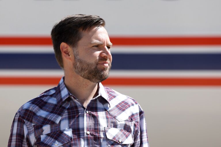 Republican vice presidential nominee U.S. Sen. JD Vance (R-OH) boards his airplane on August 01, 2024, in Sierra Vista, Arizona. (Anna Moneymaker/Getty Images)