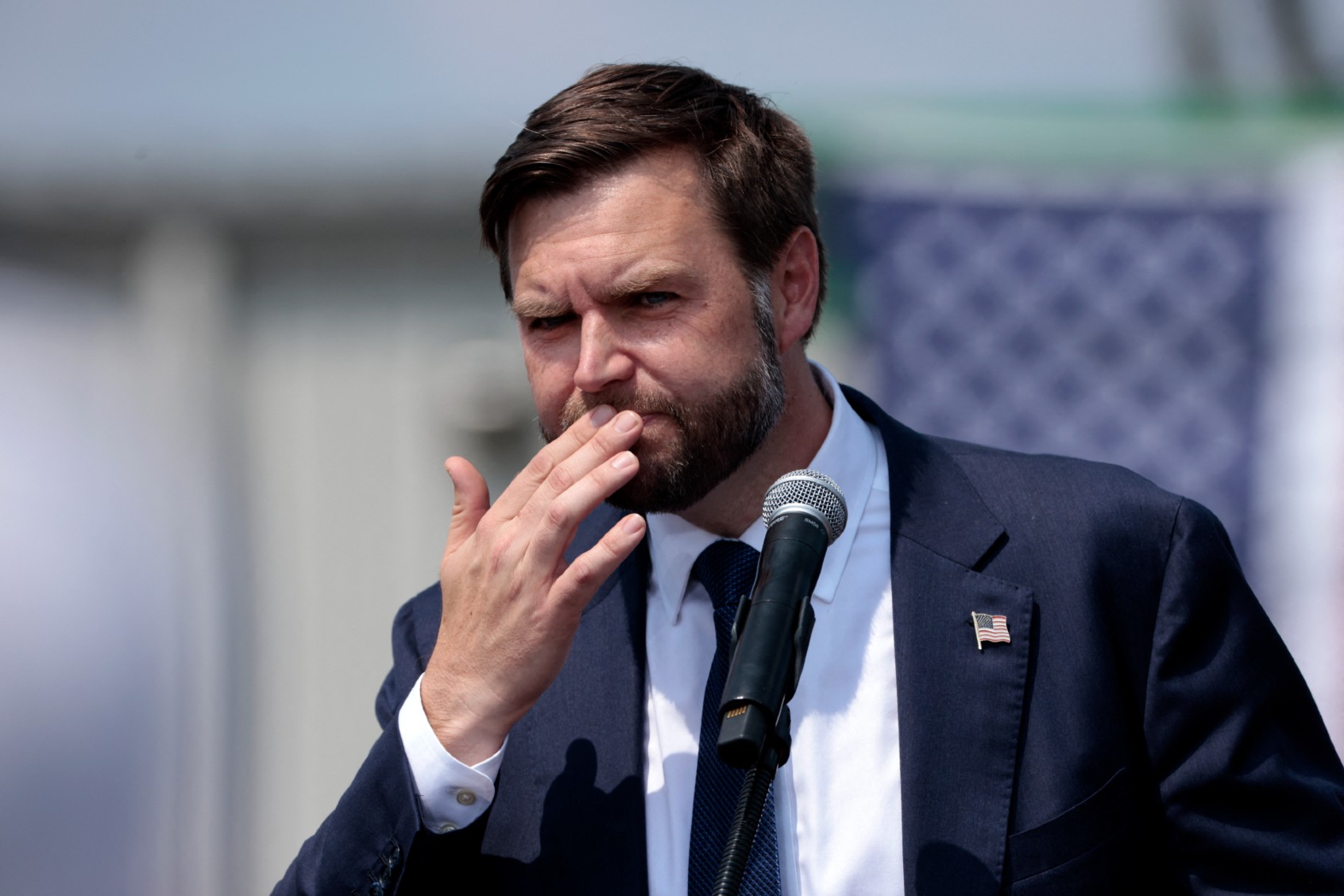 U.S. Senator and Republican vice presidential candidate J.D. Vance speaks during a campaign rally at Cordes, Inc., an industrial trucking company, in Byron Center, Michigan, August 14, 2024. (JEFF KOWALSKY/AFP via Getty Images)