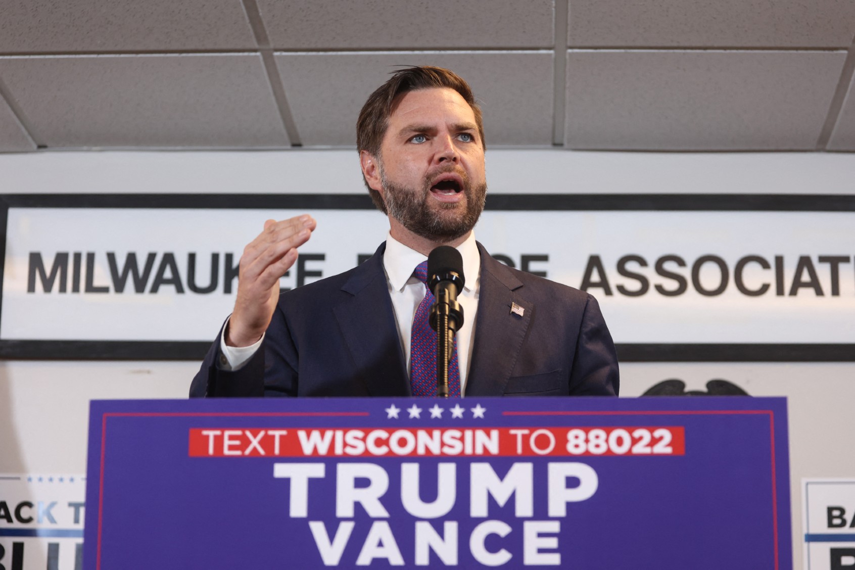 U.S. Senator and 2024 Republican vice presidential candidate J.D. Vance speaks during a campaign event at the Milwaukee Police Association in Milwaukee, Wisconsin, on August 16, 2024. (ALEX WROBLEWSKI/AFP via Getty Images)