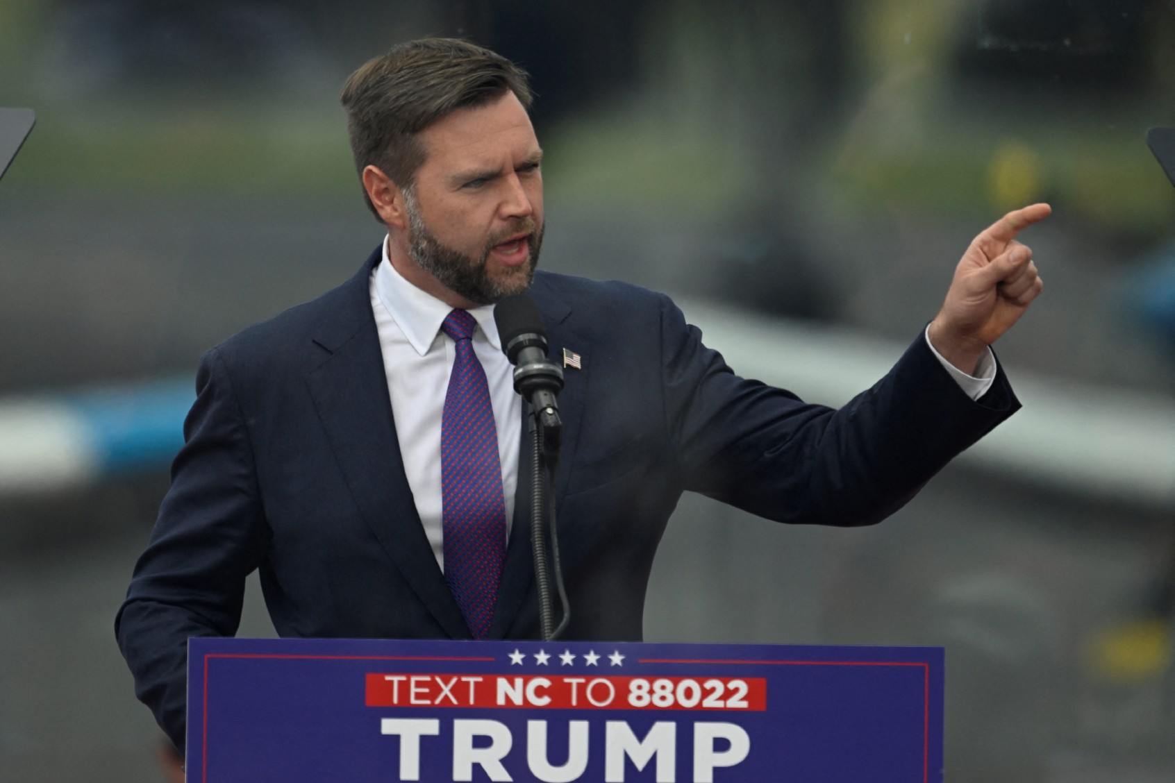 J.D. Vance speaks during a campaign rally at the North Carolina Aviation Museum & Hall of Fame in Asheboro, North Carolina, August 21, 2024. (PETER ZAY/AFP via Getty Images)