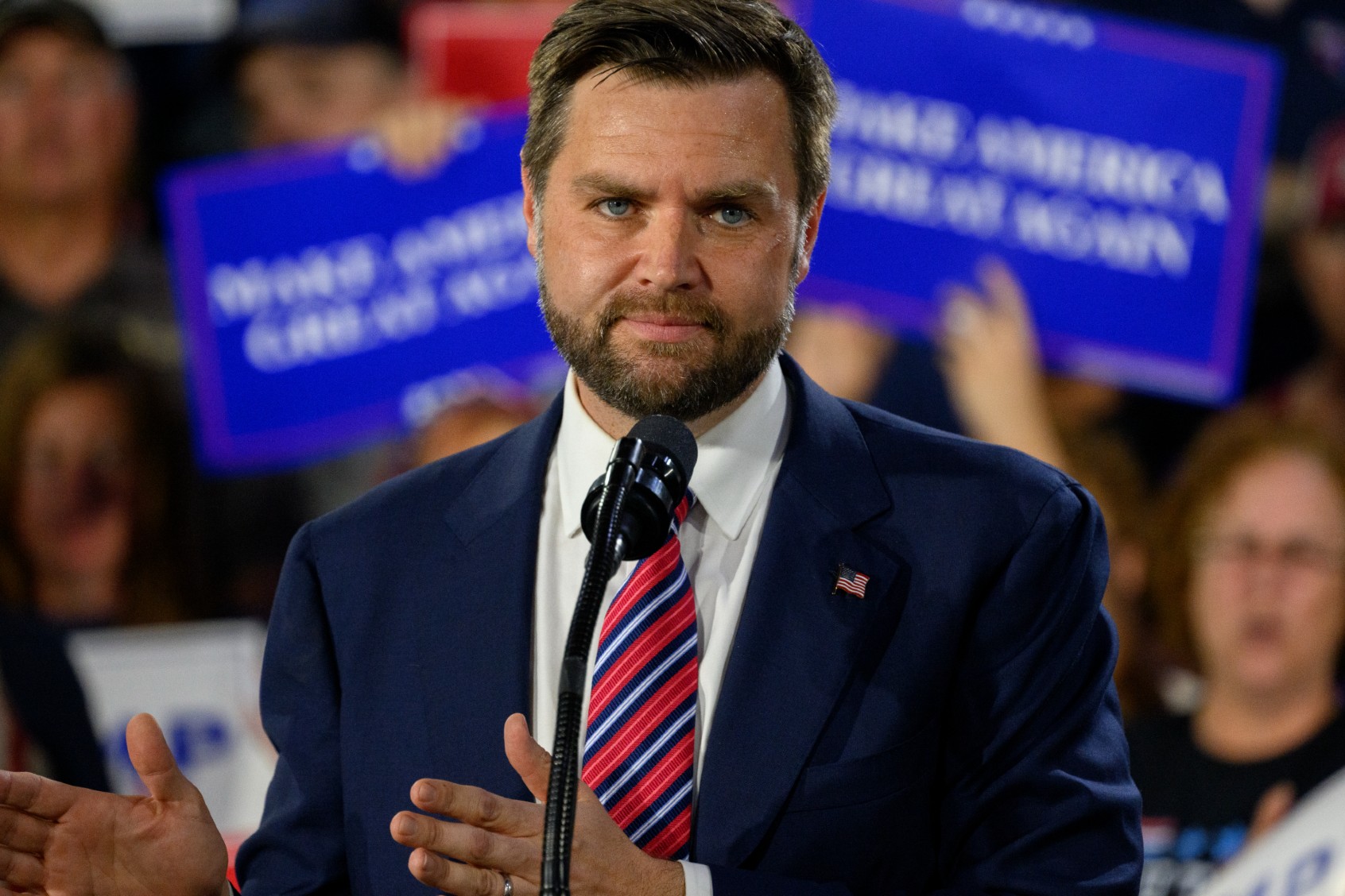 Republican vice presidential nominee, U.S. Sen. J.D. Vance (R-OH) speaks at a rally at trucking company, Team Hardinger on August 28, 2024 in Erie, Pennsylvania. (Jeff Swensen/Getty Images)