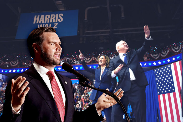 JD Vance, Kamala Harris and Tim Walz (Photo illustration by Salon/Getty Images)