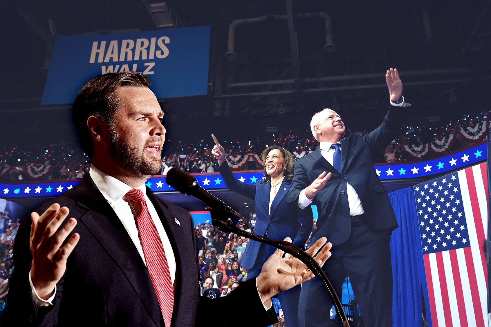 JD Vance, Kamala Harris and Tim Walz (Photo illustration by Salon/Getty Images)