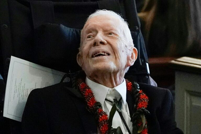 Former President Jimmy Carter departs after the funeral service for former First Lady Rosalynn Carter at Maranatha Baptist Church, in Plains, Georgia, on November 29, 2023. (ALEX BRANDON/POOL/AFP via Getty Images)