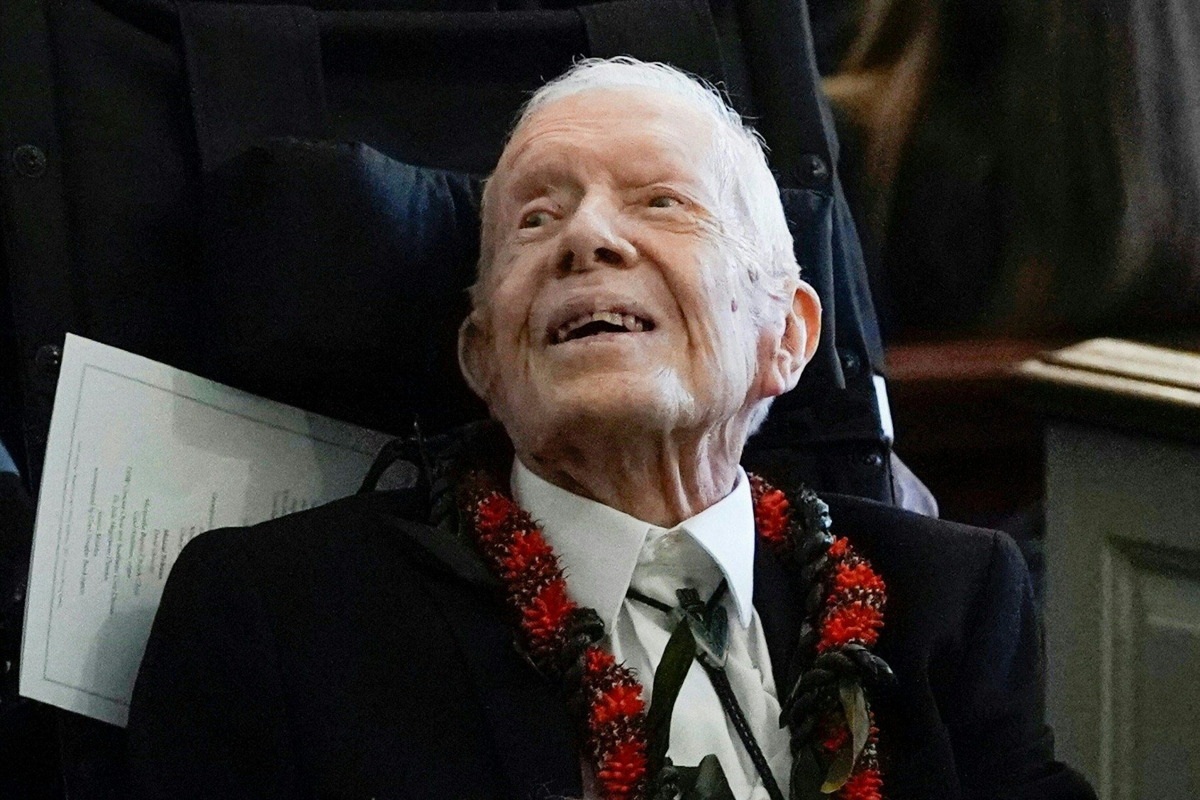 Former President Jimmy Carter departs after the funeral service for former First Lady Rosalynn Carter at Maranatha Baptist Church, in Plains, Georgia, on November 29, 2023. (ALEX BRANDON/POOL/AFP via Getty Images)