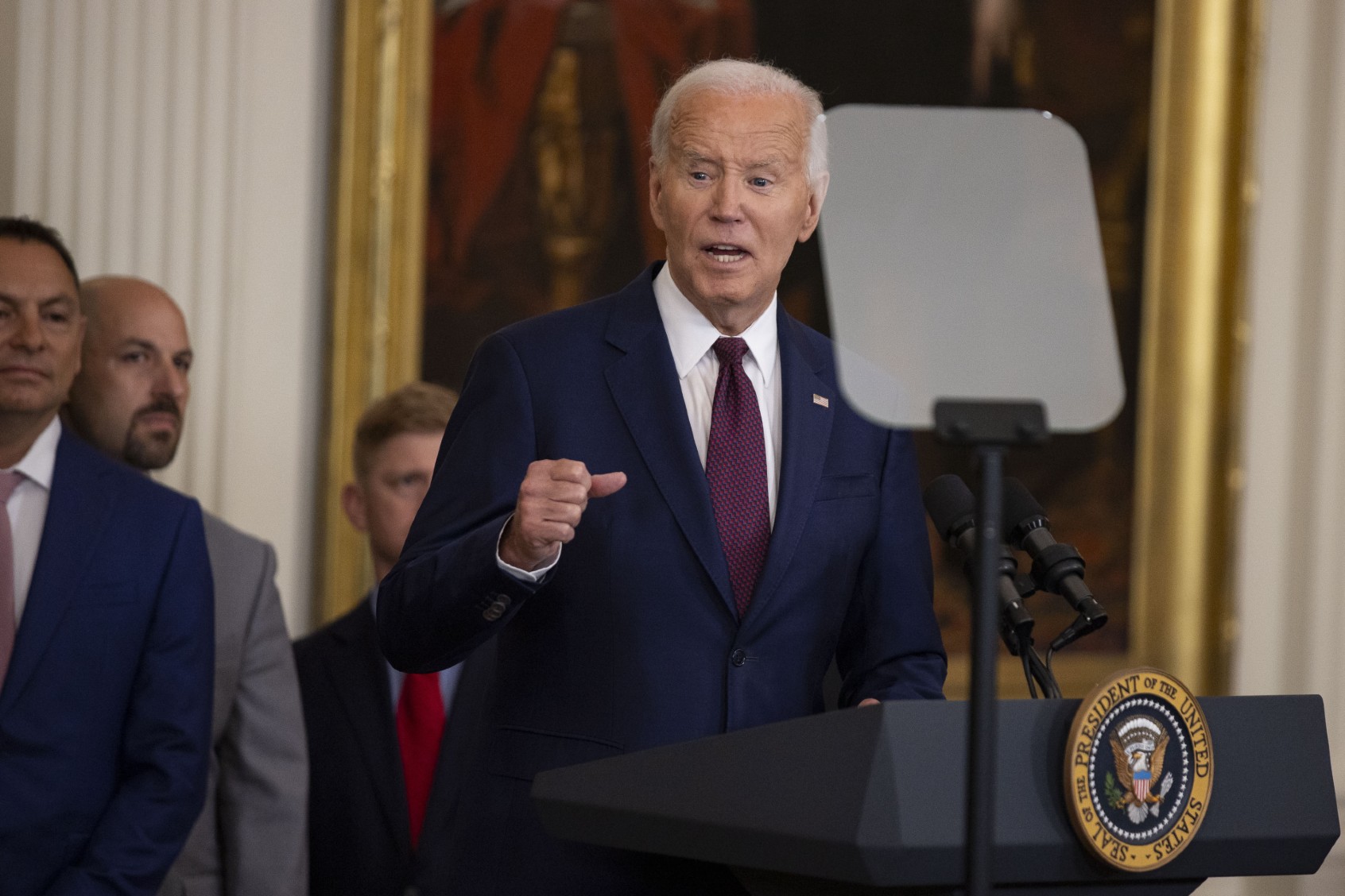 U.S. President Joe Biden welcomes the 2023 World Series champion Texas Rangers to the White House in Washington DC., U.S., August 8, 2024 (Mostafa Bassim/Anadolu via Getty Images)