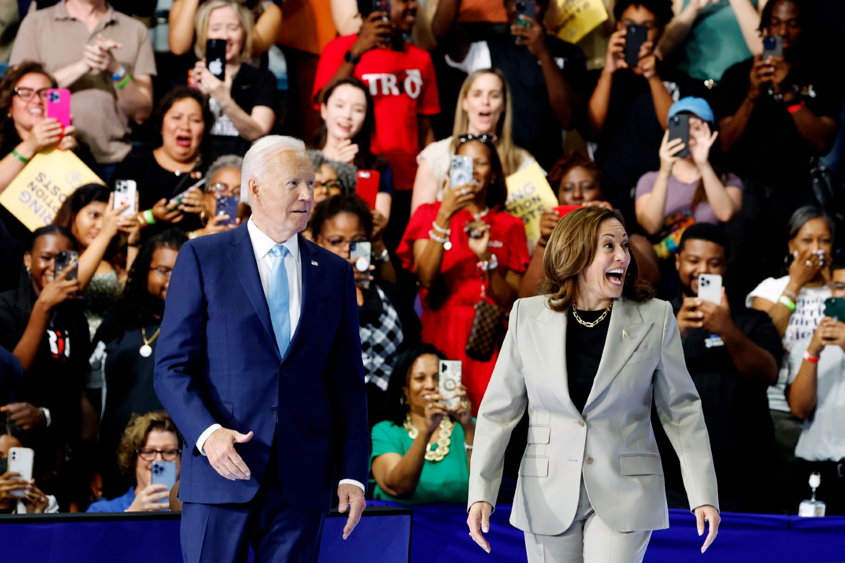 U.S. President Joe Biden and U.S. Vice President Kamala Harris walk onstage at Prince George’s Community College on August 15, 2024 in Largo, Maryland. (Anna Moneymaker/Getty Images)