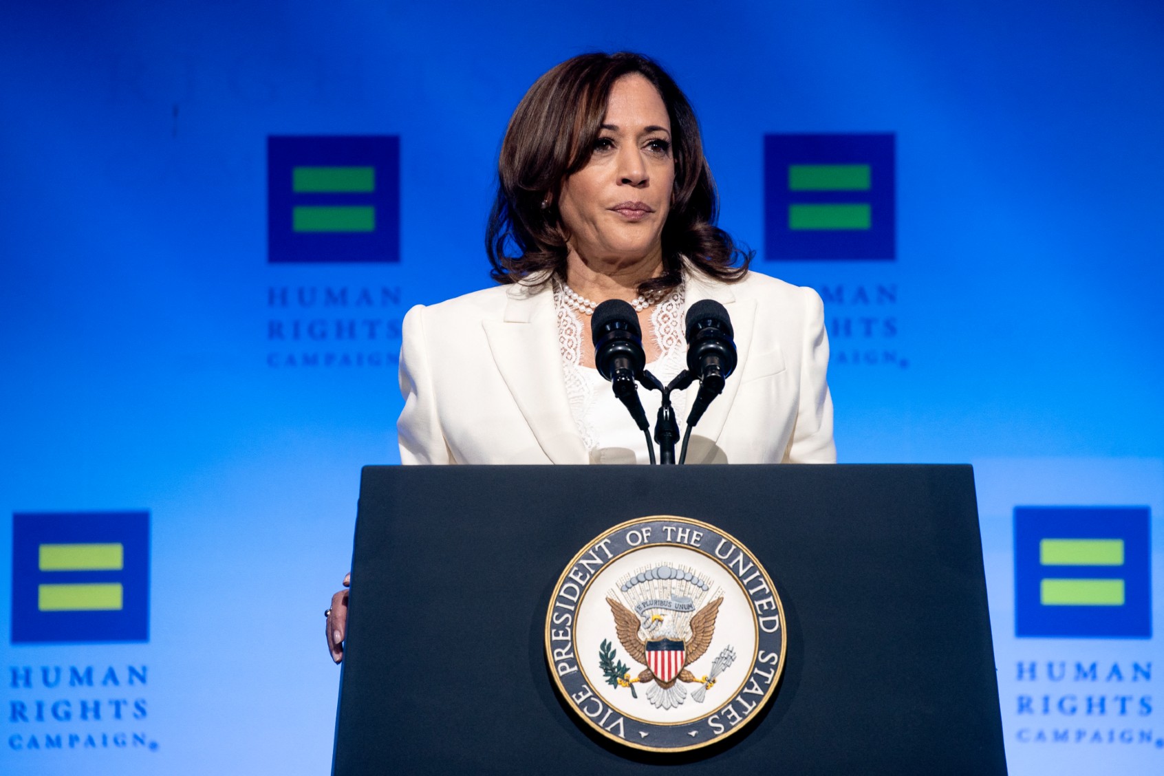 U.S. Vice President Kamala Harris speaks at the annual Human Rights Campaign (HRC) National Dinner, in Washington, DC, on October 29, 2022. (STEFANI REYNOLDS/AFP via Getty Images)