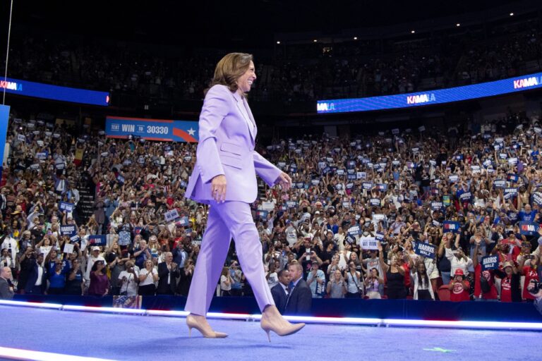 U.S. Vice President and Democratic presidential candidate Kamala Harris walks on stage during a campaign rally at the Thomas and Mack Center, University of Nevada in Las Vegas, Nevada, on August 10, 2024. (RONDA CHURCHILL/AFP via Getty Images)