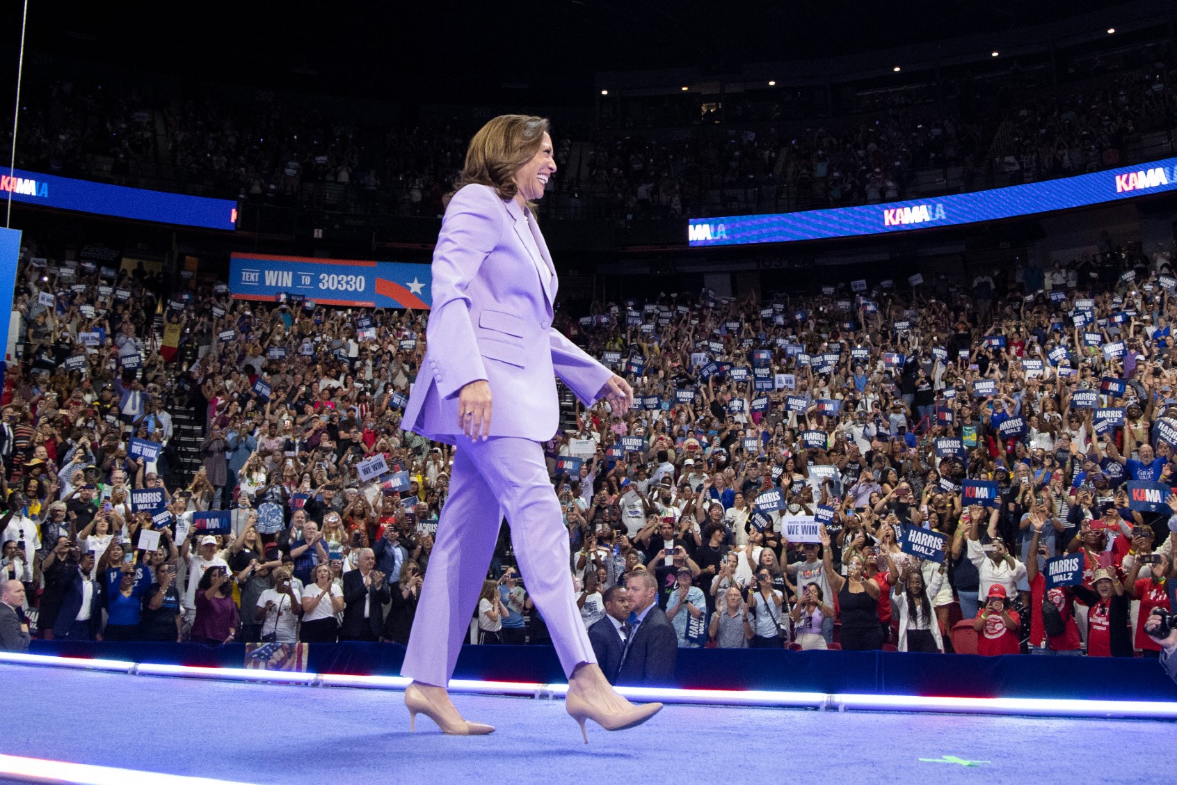 U.S. Vice President and Democratic presidential candidate Kamala Harris walks on stage during a campaign rally at the Thomas and Mack Center, University of Nevada in Las Vegas, Nevada, on August 10, 2024. (RONDA CHURCHILL/AFP via Getty Images)