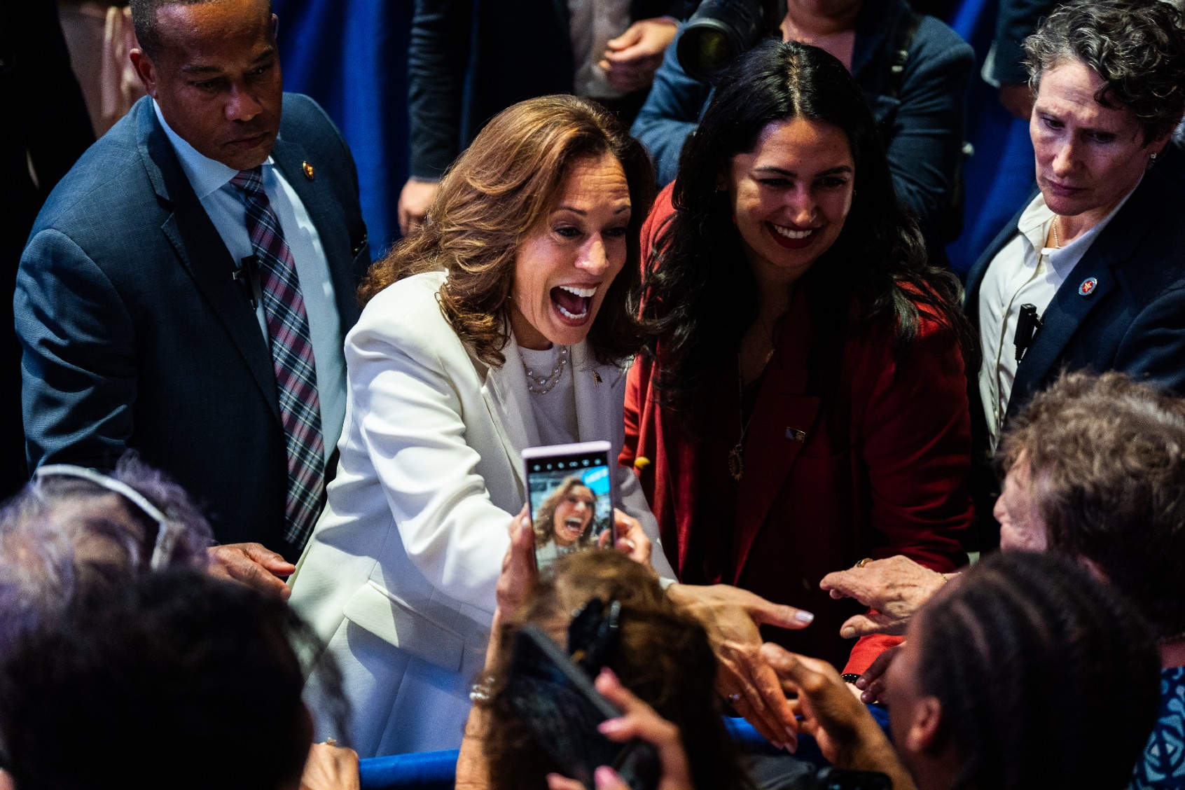 Democratic presidential nominee Vice President Kamala Harris shakes hands with supporters during a campaign rally at Enmarket Arena in Savannah, Georgia on Thursday, August 29, 2024. ( Demetrius Freeman/The Washington Post via Getty Images)