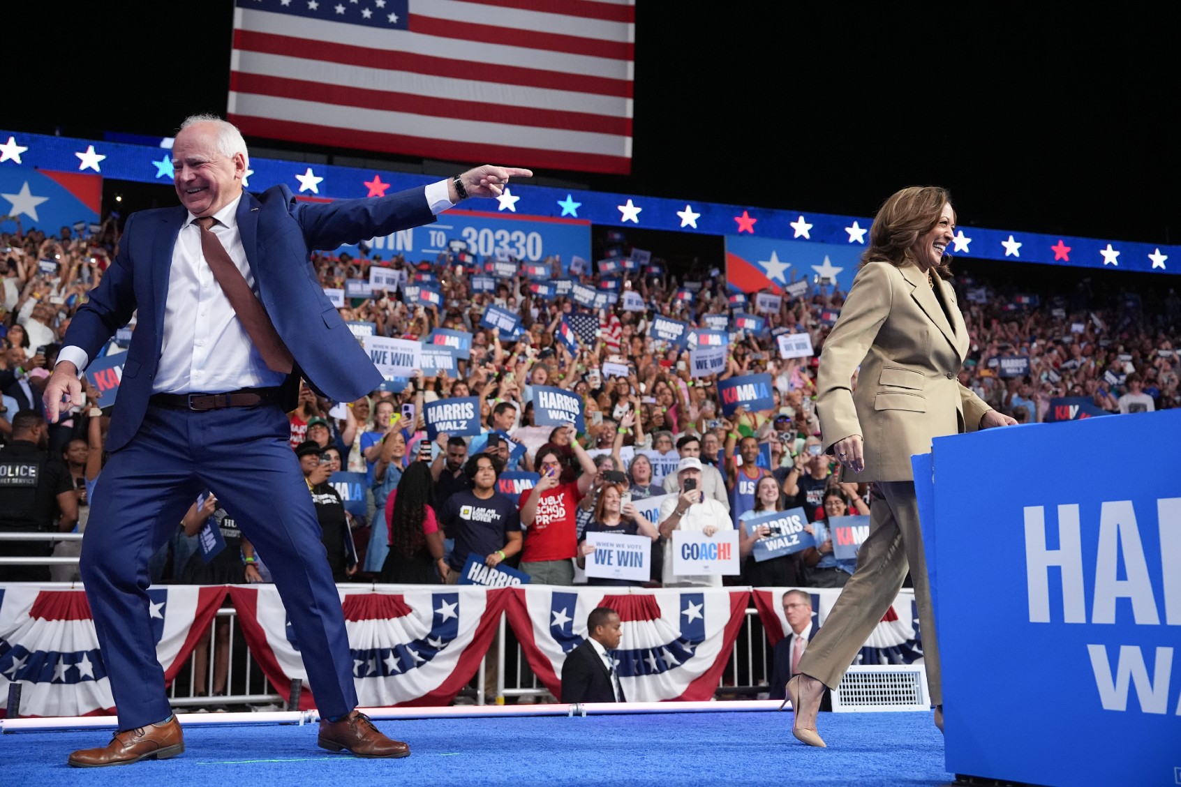 Democratic presidential candidate, U.S. Vice President Kamala Harris and Democratic vice presidential candidate Minnesota Gov. Tim Walz appear at a campaign rally at Desert Diamond Arena on August 9, 2024, in Glendale, Arizona. (Andrew Harnik/Getty Images)