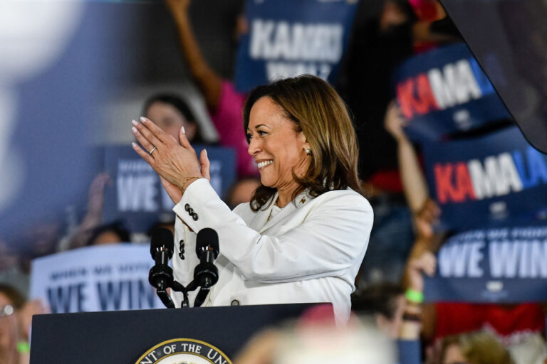Democratic Presidential nominee Kamala Harris speaks to several thousand attendees at her presidential campaign rally at Detroit Metropolitan Wayne County Airport in Romulus, MI on August 7, 2024. (Adam J. Dewey/Anadolu via Getty Images)