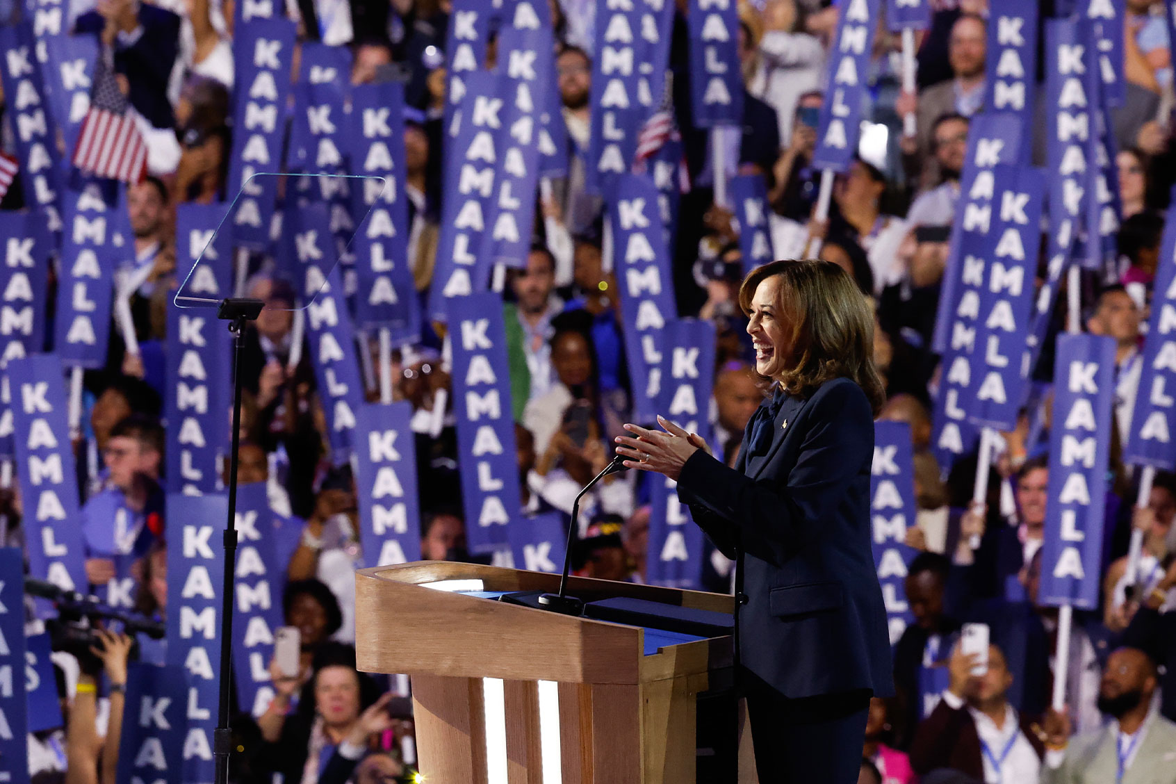 Democratic presidential candidate, U.S. Vice President Kamala Harris arrives to speak on stage during the final day of the Democratic National Convention at the United Center on August 22, 2024 in Chicago, Illinois. (Kevin Dietsch/Getty Images)