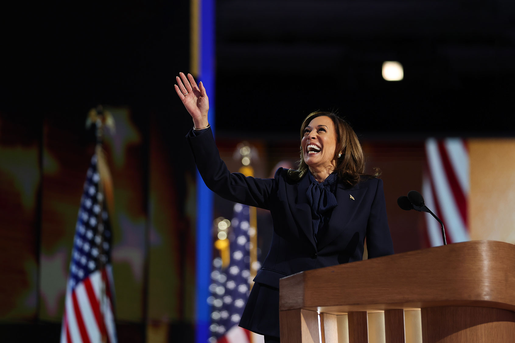 Democratic presidential candidate, U.S. Vice President Kamala Harris arrives to speak on stage during the final day of the Democratic National Convention at the United Center on August 22, 2024 in Chicago, Illinois. (Justin Sullivan/Getty Images)