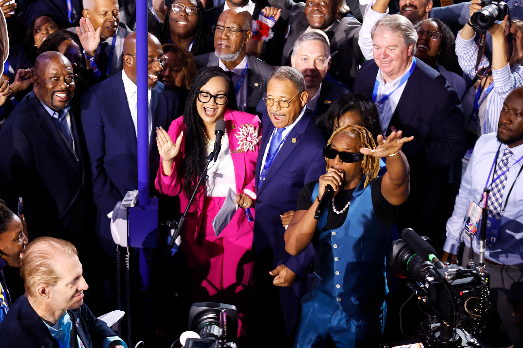Rapper Lil Jon (R) performs with the Georgia delegation during the Ceremonial Roll Call of States on the second day of the Democratic National Convention at the United Center on August 20, 2024 in Chicago, Illinois. (Chip Somodevilla/Getty Images)