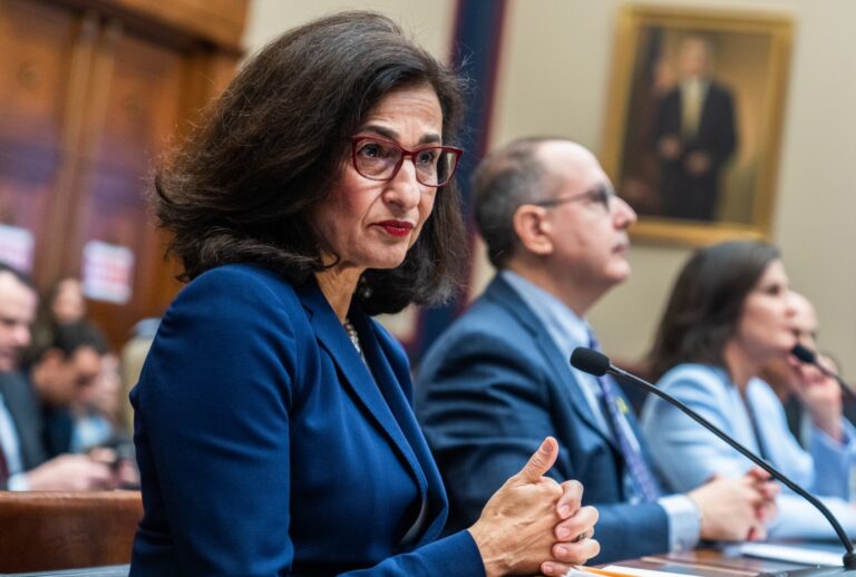 Minouche Shafik, president of Columbia University, testifies during the House Education and the Workforce Committee hearing titled "Columbia in Crisis: Columbia University's Response to Antisemitism," in Rayburn building on Wednesday, April 17, 2024. (Tom Williams/CQ-Roll Call, Inc via Getty Images)