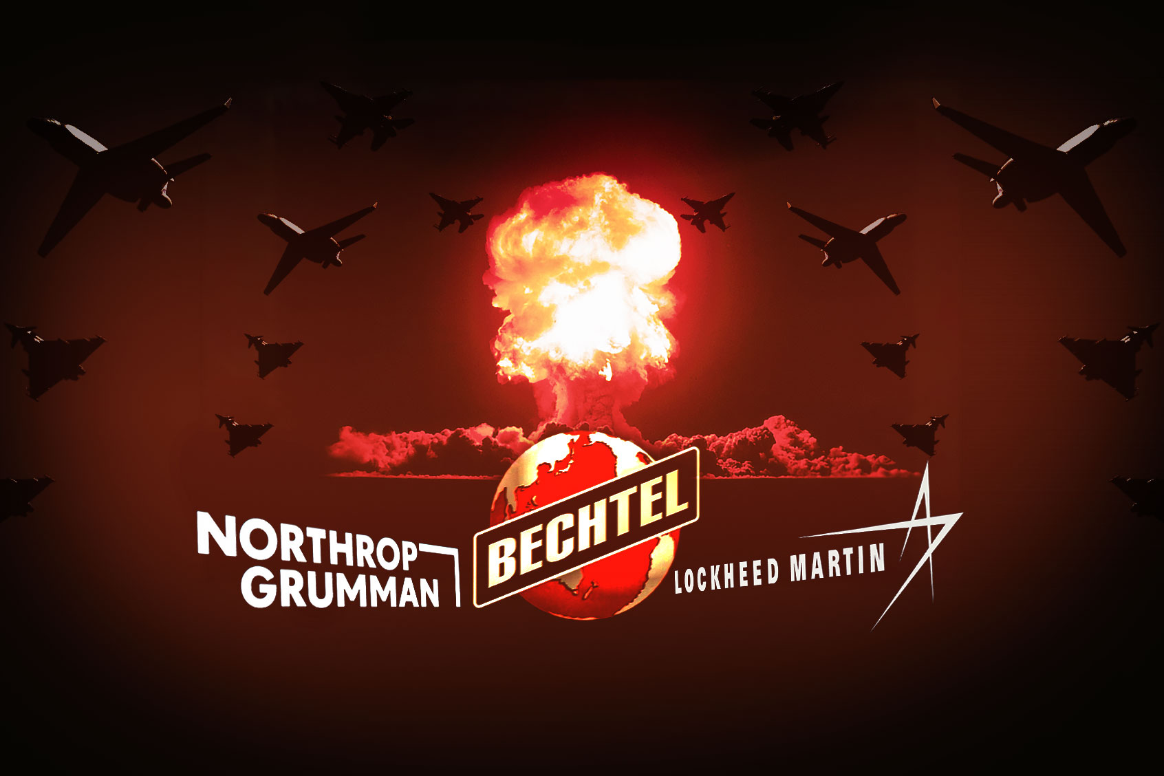 Northrop Group, Bechtel and Lockhead Martin logos in front of a nuclear blast (Photo illustration by Salon/Getty Images)