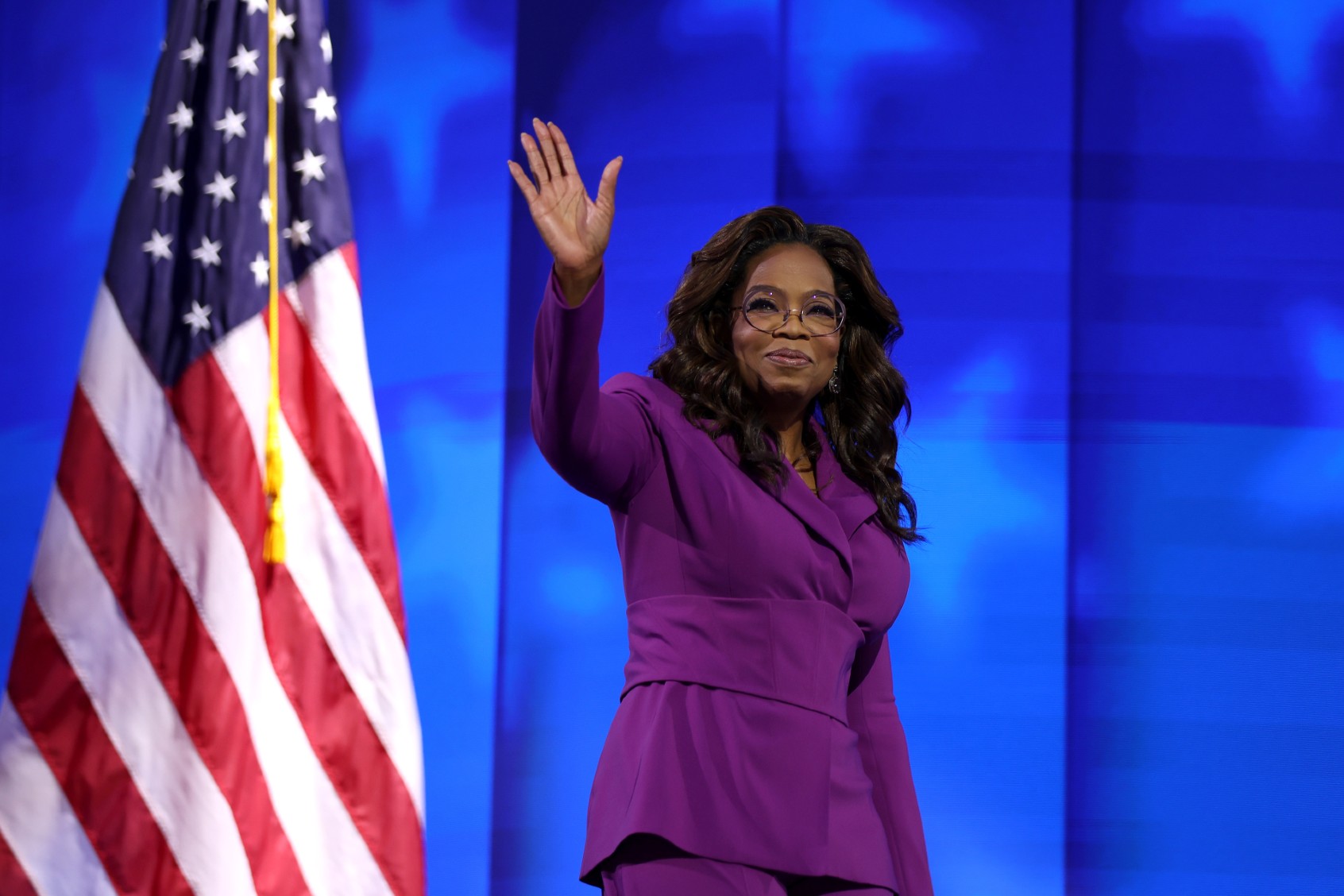 Oprah Winfrey arrives to speak on stage during the third day of the Democratic National Convention at the United Center on August 21, 2024, in Chicago, Illinois. (Justin Sullivan/Getty Images)