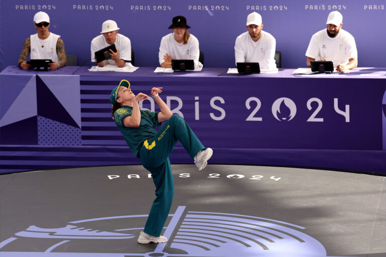 B-Girl Raygun of Team Australia competes during the B-Girls Round Robin - Group B on day fourteen of the Olympic Games Paris 2024 at Place de la Concorde on August 09, 2024 in Paris, France. (Ezra Shaw/Getty Images)