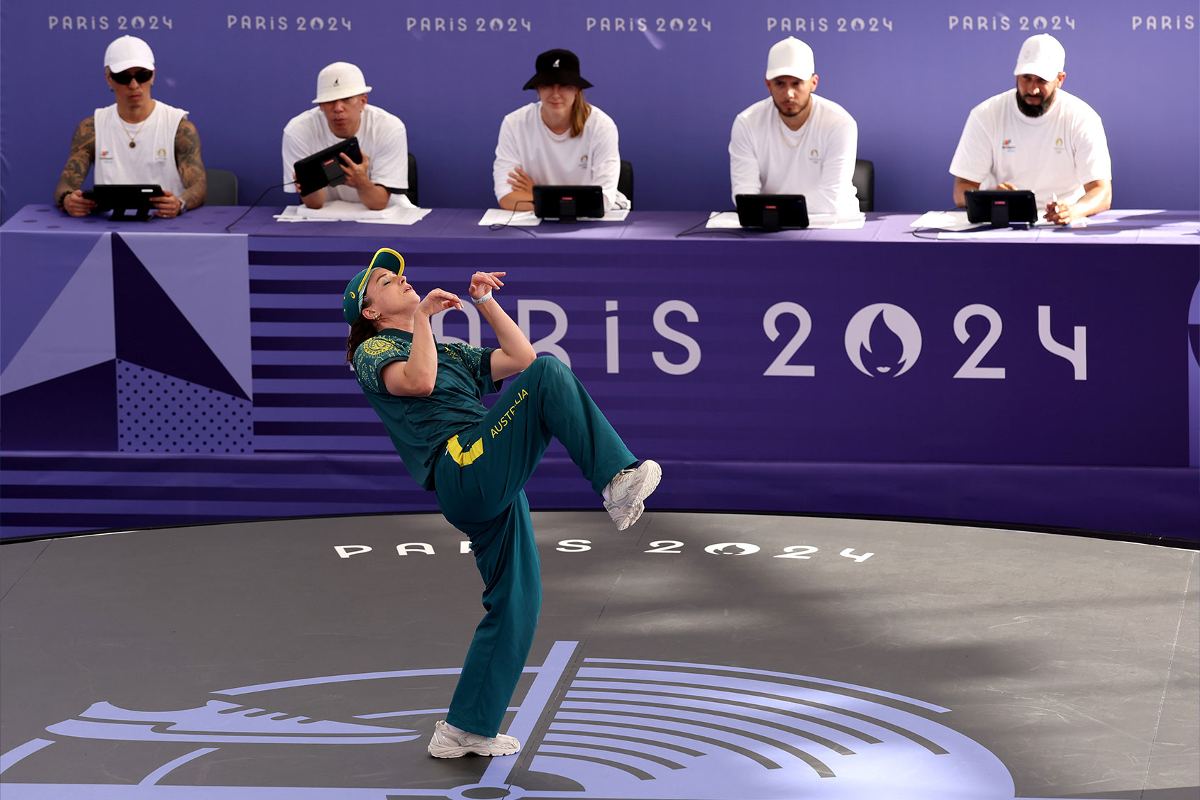 B-Girl Raygun of Team Australia competes during the B-Girls Round Robin - Group B on day fourteen of the Olympic Games Paris 2024 at Place de la Concorde on August 09, 2024 in Paris, France. (Ezra Shaw/Getty Images)